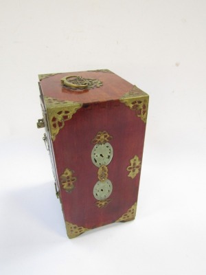 An early 20thC Chinese table cabinet, in stained wood with brass mounts and carved imitation jade panels, with two door opening to reveal four drawers, above a frieze drawer, raised on bracket feet, 28cm high, 18.5cm wide, 14cm deep. - 4