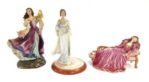 Three Franklin Mint porcelain figures, comprising Sleeping Beauty, 23cm wide, Emma Bronte's Catherine from Wuthering Heights, limited edition 9033/9500, 26cm high, and Jane Austen's Anne from Persuasion, limited edition 1625/9500, 26cm high.