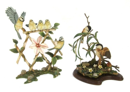 Two Country Artist figure groups, comprising The Collector's Guild Blue Tit group on branch, No 04040, 32cm high, and The Reflections of Spring, No 04909, 28cm high, boxed.