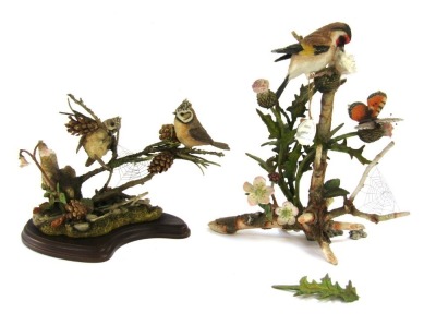 Two Country Artist figure groups, comprising Autumn Gathering, 04907, 16cm high, and Goldfinch of Woodland Glade, 04161, 23cm high, boxed. (AF)