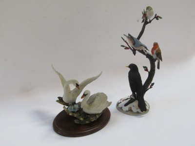 Two bird figure groups, comprising a Country Artist's Swan and Pair, by Andrew McCallum, No 01786, 18cm high, and a Winter Friends by Anne Richmond, Danbury Mint, figure group, 38cm high, with one Country Artist box. - 2