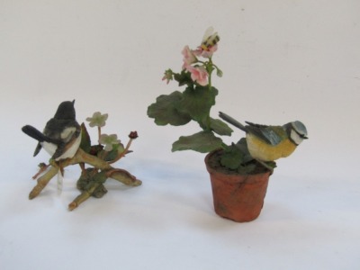 Two Country Artist figures, comprising Flycatcher of Woodland Glade, No 04163, 13cm high, and Dawn Chorus Blue Tit on pot, No 04030, 22cm high, boxed. (AF) - 4