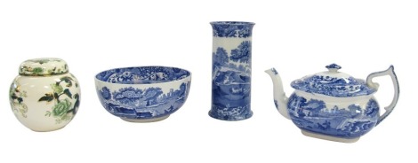 A group of Copeland Spode blue and white Italian pattern pottery, comprising a teapot, fruit bowl and sleeve vase, together with a Mason's Chartreuse pattern ginger jar and cover. (4)