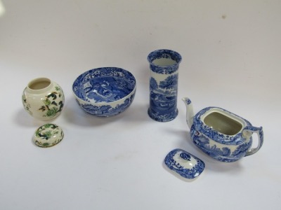 A group of Copeland Spode blue and white Italian pattern pottery, comprising a teapot, fruit bowl and sleeve vase, together with a Mason's Chartreuse pattern ginger jar and cover. (4) - 2