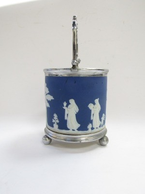 A Wedgwood late 19thC blue and white Jasper ware biscuit barrel, with plated mount, lid and swing handle, on a plated base raised on ball feet, 20cm high. - 2