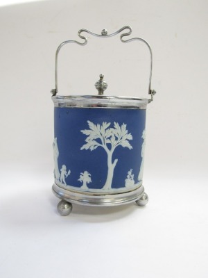 A Wedgwood late 19thC blue and white Jasper ware biscuit barrel, with plated mount, lid and swing handle, on a plated base raised on ball feet, 20cm high. - 3