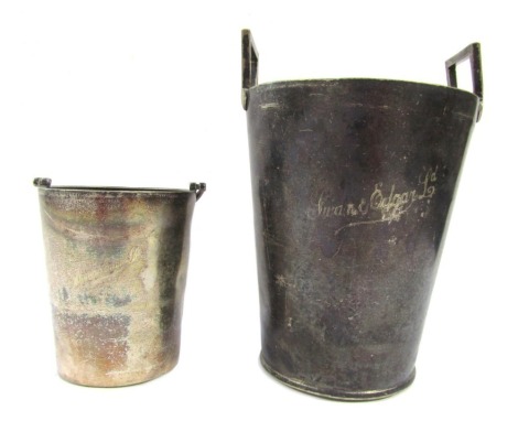 Two silver plated ice buckets, one engraved for Swan & Edgar Ltd, Piccadilly Circus, the other with maker's stamp J H Potter, 29cm and 16cm high.