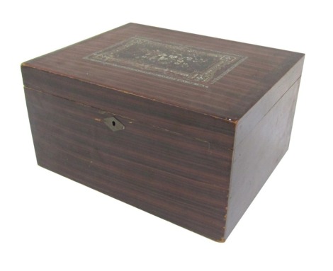 A Victorian faux rosewood box, with a simulated inlaid panel to the lid decorated with flowers, 20cm high, 38cm wide, 31cm deep.