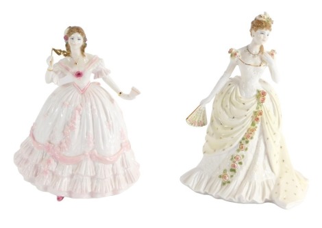 Two Royal Worcester figures, The Masquerade Begins, limited edition 8202/12500, and Splendour at Court, limited edition 7151/12500, 21cm high and 22cm high respectively.