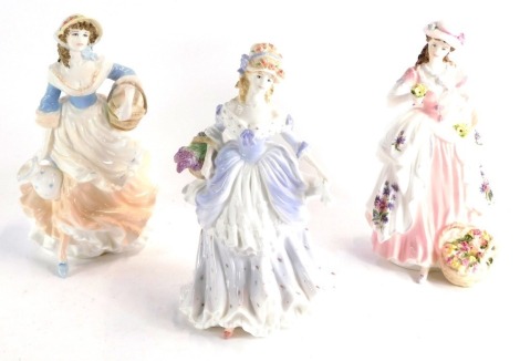 Three Coalport figures, comprising The Flower Seller, limited edition 1852/9500, 22cm high, Lavender Sweet Lavender, limited edition 1908/9500, and Milk Maid, limited edition 314/9500.