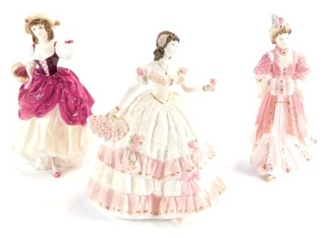 Three Coalport figures, comprising Olivia, limited edition 2869, Ripe Cherries Ripe, limited edition 765/9500, and Lady Harriet, limited edition 2305/12500, 22cm high.