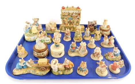 A group of Bramley Hedge figures, comprising Primrose, Teddy Mouse, Primrose Reciting, Clover and Catkin, Lady and Lord Woodmouse with basket, Wilfred Jigging, Wilfred, Teasel, Wilfred with jelly, Bridesmaid, Mr Apple trinket box, Basil with bottles, Lady