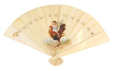 A 19thC painted ivory fan, with painted detailing of child riding a cockerel, signed M Kastrieweska? 1882, 28cm wide when fully spanned.