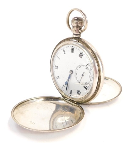 A George VI silver hunter pocket watch, the white enamel dial with Roman numerals, blue hands and seconds dial, bezel wind, Birmingham 1945, 113.1g all in.