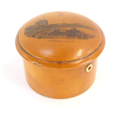 A mauchline ware string box, with domed top, printed Scarborough The Grand Hotel, 8cm diameter.