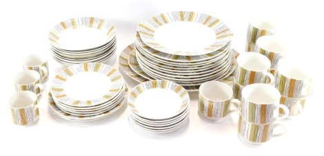 A Midwinter Sienna pattern part dinner tea and coffee service, comprising two meat platters, cake plate, ten dinner plates, two side plates, four bread plates, seven coffee can saucers, three coffee cans, eleven teacups, and eight bowls. (a quantity)