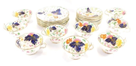 An Allertons late 19thC porcelain tea service, painted with flowers, comprising trio sets, nine cups, nine saucers and nine side plates.