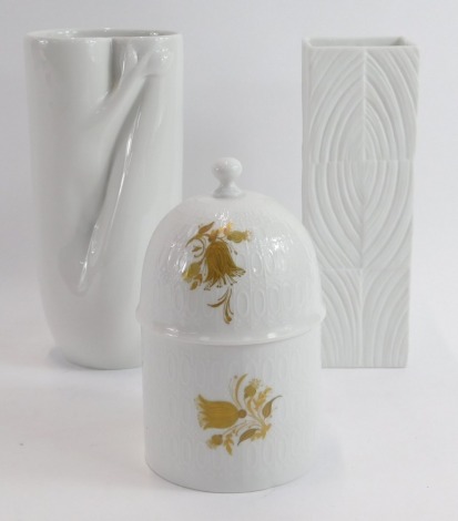 A group of decorative ceramics, comprising a Rosenthal studio line vase, designed by Martin Freyer, 18cm high, a Meissen white glazed floral vase, 20cm high, and a Rosenthal jar and cover, designed by Bjorn Winblad, decorated in the Romanze pattern, 14cm 