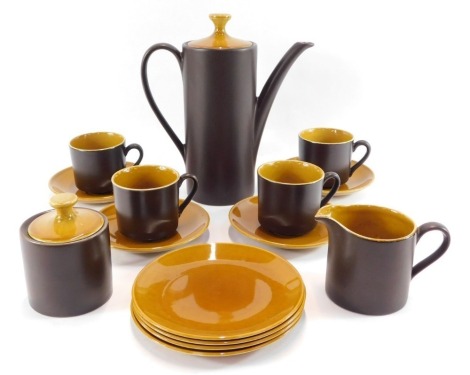 A Myott Intone 1970's brown glazed coffee service, comprising coffee pot, five cups, four saucers, four side plates and a sugar bowl.