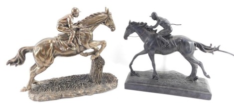 Horse racing related. A Crosa horse racing figural table lamp, with circular glass back, 32cm high, and a Corega resin figure of a steeple chaser, 27cm high.