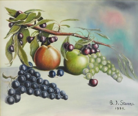 B J Stevens (British, 20thC). Still life of fruit, oil on canvas, signed, dated 1985, 50cm x 60cm.