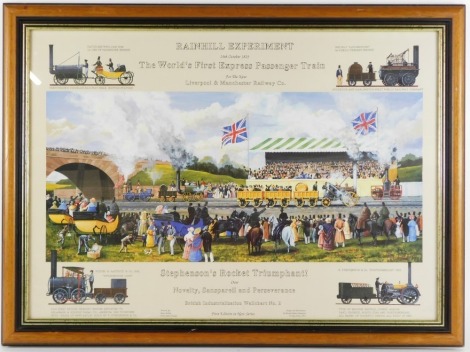 After Brian Molloy (British, 20thC). Rainhill Experiment, 14th October 1829, The World's First Express Passenger Train for The New Liverpool and Manchester Railway Company, print, first edition in new series, British Industrialisation wall chart No 2, pub