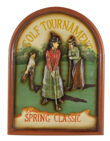 A golf tournament plaster wall plaque, of arched form, Ladies Spring Classic, in relief form, 44.5cm x 33cm.