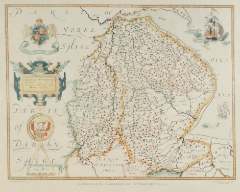 After Christopher Saxton (English, 1540-1610). Map of Lincolnshire and Nottinghamshire, 1576, copy for The British Museum, maps c7.c1, printed by Taylowe Limited 1968, 50cm x 6cm.