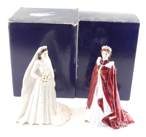 Two Royal Worcester figures, comprising Her Majesty Queen Elizabeth II and His Royal Highness The Duke of Edinburgh Diamond Wedding Anniversary figure, 22cm high, and a Royal Worcester In Celebration of The Queen's 80th Birthday 2006 figure, both boxed. (