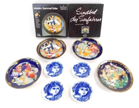 A group of Rosenthal porcelain, comprising four pin dishes, in blue and white with figure of a lady, 9cm diameter, a collectors plate Zaubeyrferdiii, Cinderbad Der Sufahrun, and two others boxed. (a quantity)