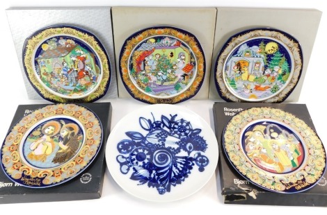 Six Rosenthal porcelain collectors plates, each of blue and white design, 33cm diameter.