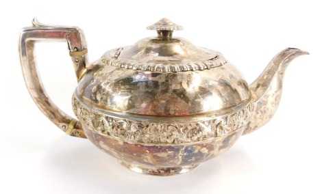 A 19thC Old Sheffield plate teapot, with fluted outer body and decoration of flowers and shells. (AF)