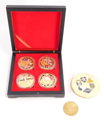 A cased set of D-Day and other coins, the 6th June 1944 coin set, a Monniae Paris 2017 collectors coin and a Normandy collectors coin. (6)