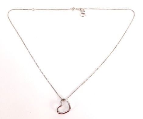 A silver Hot Diamonds love heart pendant and chain, the love heart pendant set with single tiny diamond on a silver box link chain, 44cm long, 5.3g all in, boxed.