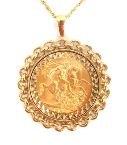 A Queen Elizabeth II full gold sovereign pendant and chain, dated 1958 in a 9ct gold pendant mount, on a rope twist 9ct gold chain, 44cm long, 14.2g all in.