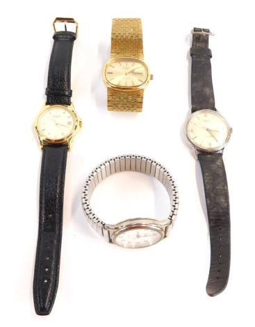 Four dress watches, comprising a Rotary quartz gentleman's plated watch, a Longines Tampores stainless steel cased wristwatch, Limit wristwatch and a further Rotary watch, on black leather strap.