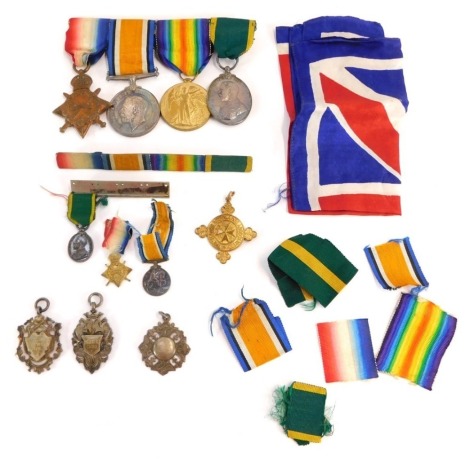 A set of WWI medals and miniatures, comprising 14-15 star, War and Victory medals, and the George V Territorial Efficiency Medal, named to Cpl S.J.C. Emery R.A, with ribbons, and some associated miniatures, two silver sporting medallions, St John Ambulanc