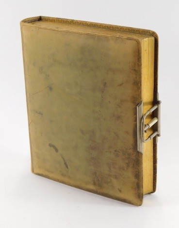 A Victorian scrapbook album, the outer leather material with gilt lining, opening to reveal green and gilt interiors.