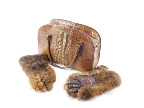 A 1940/50's crocodile skin ladies handbag, together with a pair of fur driving gloves.