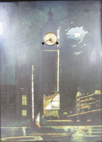 A Big Ben chiming clock picture, from Grices of Leicester, applied with eight day movement in ornate frame, 50cm x 36cm.