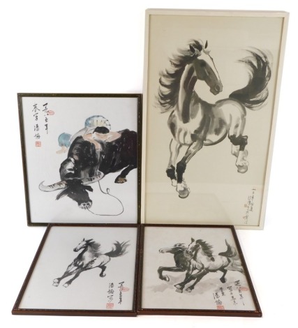 Four Chinese prints, comprising three horses and a bull, framed. (4)