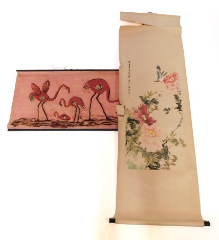 Two scroll pictures, comprising a Batik Flamingo scroll, 50cm x 90cm, and a Chinese rice paper scroll painted with birds and flowers, 174cm x 56cm. (2, AF)