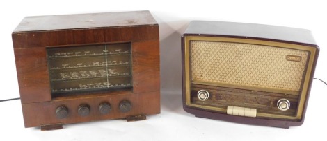 Two vintage radios, comprising a Stella, in red Bakelite case and a HMV radio in walnut case. WARNING! This lot contains untested or unsafe electrical items. It is supplied for scrap or re-conditioning only. TRADE ONLY