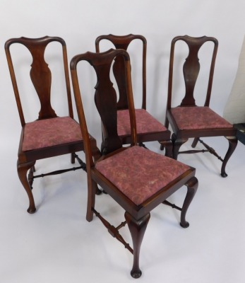 A set of four early 20thC mahogany dining chairs, each with a vase shaped splat and a moulded top, with drop in pink upholstered seats, on cabriole legs, 102cm high, 50cm wide, 42cm deep. - 5