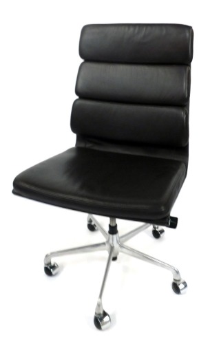 A Charles Eames for ICF brown leather office chair, the metal base with five legs on castors, circa 1995, 105cm high, 58cm wide, 50cm deep.