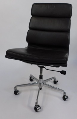 A Charles Eames for ICF brown leather office chair, the metal base with five legs on castors, circa 1995, 105cm high, 58cm wide, 50cm deep. - 2