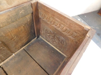 An 18thC oak mule chest, the three panelled top and front above two drawers on stiles, 75cm high, 131cm wide, 47cm deep. - 4