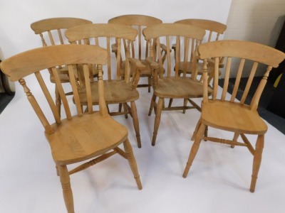 Seven beech kitchen chairs, comprising a set of five carvers, each with splat backs on H stretchers, and a matched paid of single chairs, all stamped Etak R1ahc Slovenia. - 3