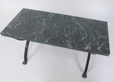 A 20thC coffee table, the marble effect rectangular top on X frame cast metals supports, with lion masks and claw feet, 46cm high, 92cm wide, 39cm deep. - 2