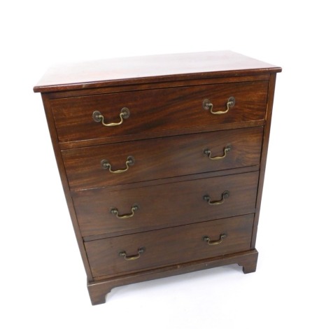 A mahogany chest of drawers, with four long drawers and brass drop handles, on bracket feet, 90cm high, 76cm wide, 45cm deep.